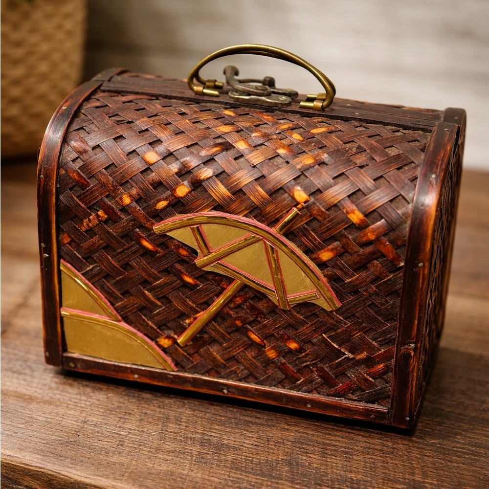 Vintage Bamboo Jewelry Box Sun Moon Design Handcrafted Rustic Box